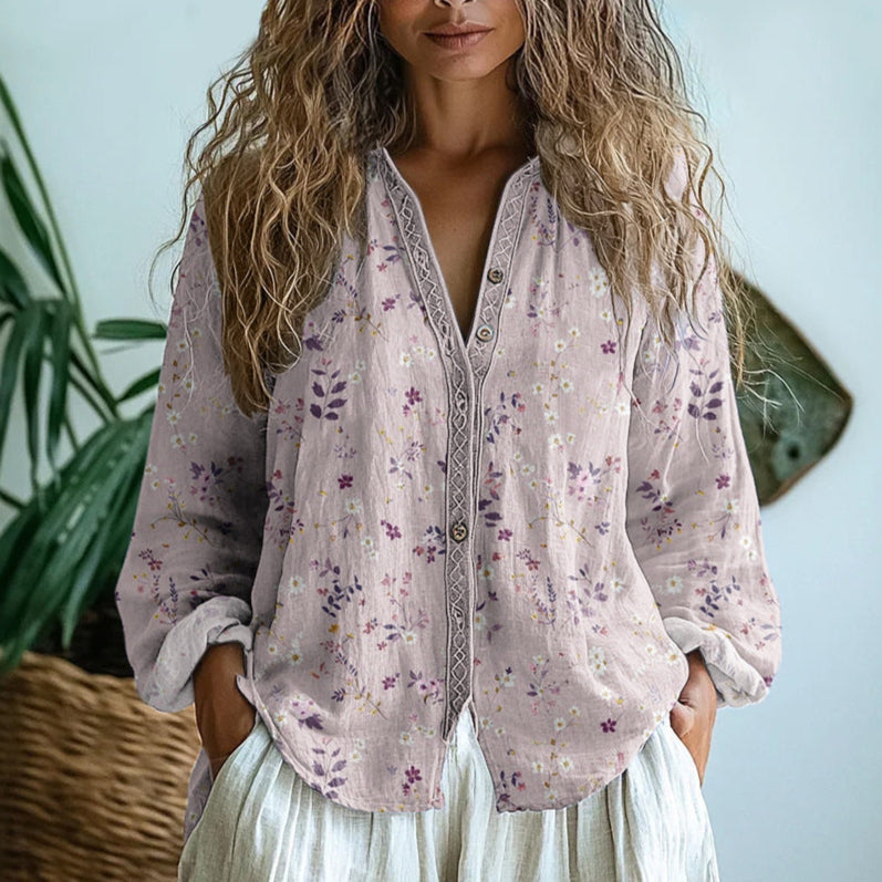 Women's Embroidered Trim V-Neck Blouse – Floral Print Button Front Balloon Sleeve Top