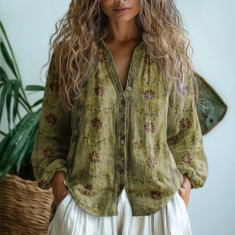 Women's Embroidered Trim V-Neck Blouse – Floral Print Button Front Balloon Sleeve Top