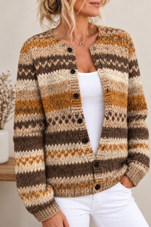 Kacob | Women's Fair Isle Knitted Cardigan – Button Front Relaxed Cardigan