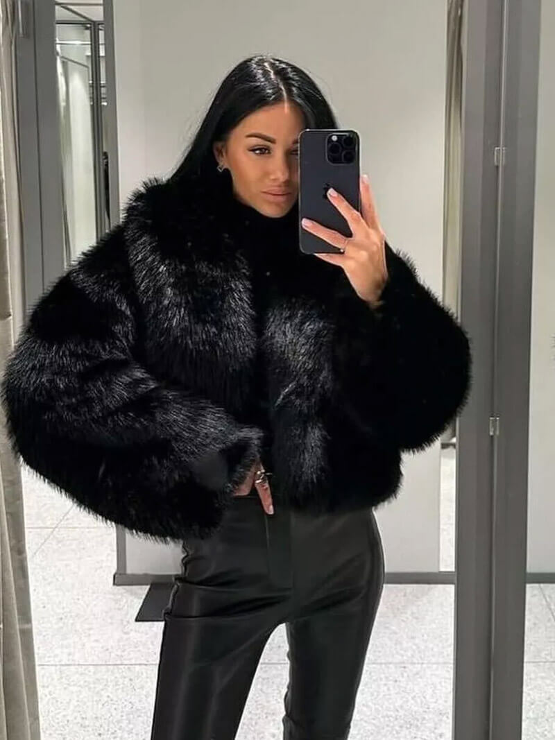 Kacob | Women's Faux Fur Coat – Stand Collar Relaxed Winter Coat