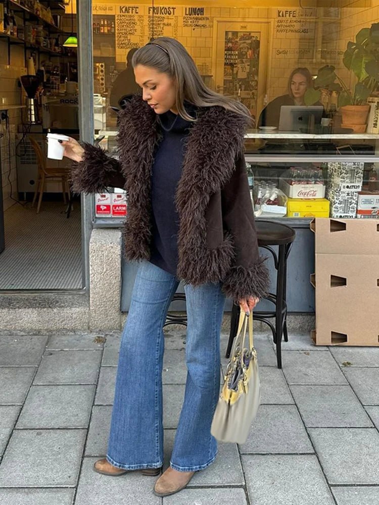 Kacob | Women's Faux Fur Coat – Vintage Lapel Open Front Fluffy Jacket