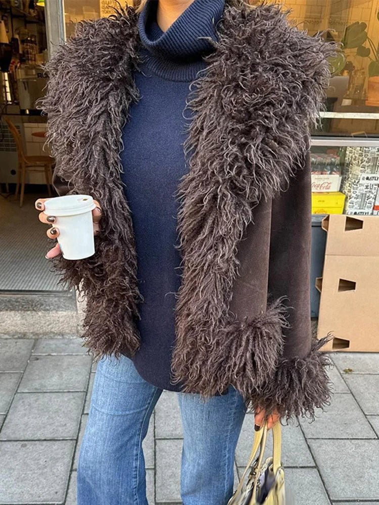 Kacob | Women's Faux Fur Coat – Vintage Lapel Open Front Fluffy Jacket
