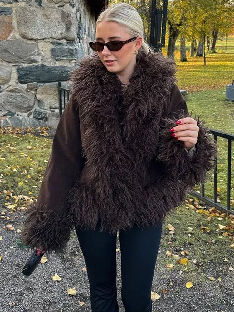 Kacob | Women's Faux Fur Coat – Vintage Lapel Open Front Fluffy Jacket