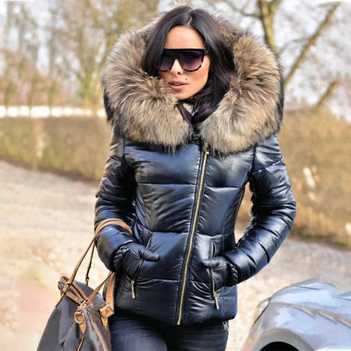Kacob | Women's Faux Fur Hood Puffer Jacket – Fitted Shiny Padded Jacket
