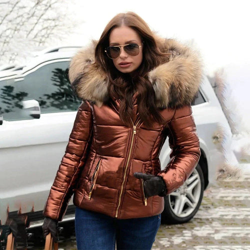 Kacob | Women's Faux Fur Hood Puffer Jacket – Fitted Shiny Padded Jacket