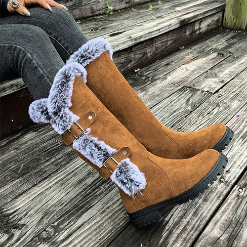 Kacob | Women's Faux Fur Lined Buckle Knee High Boots – Pull On Winter Boots