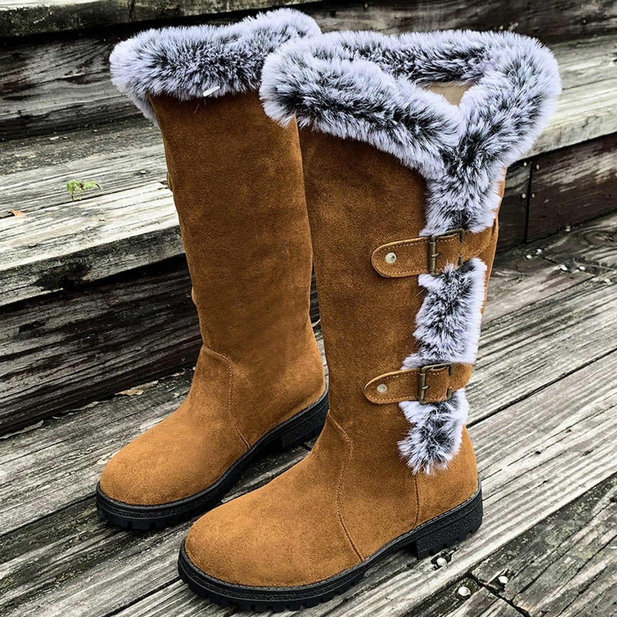 Kacob | Women's Faux Fur Lined Buckle Knee High Boots – Pull On Winter Boots