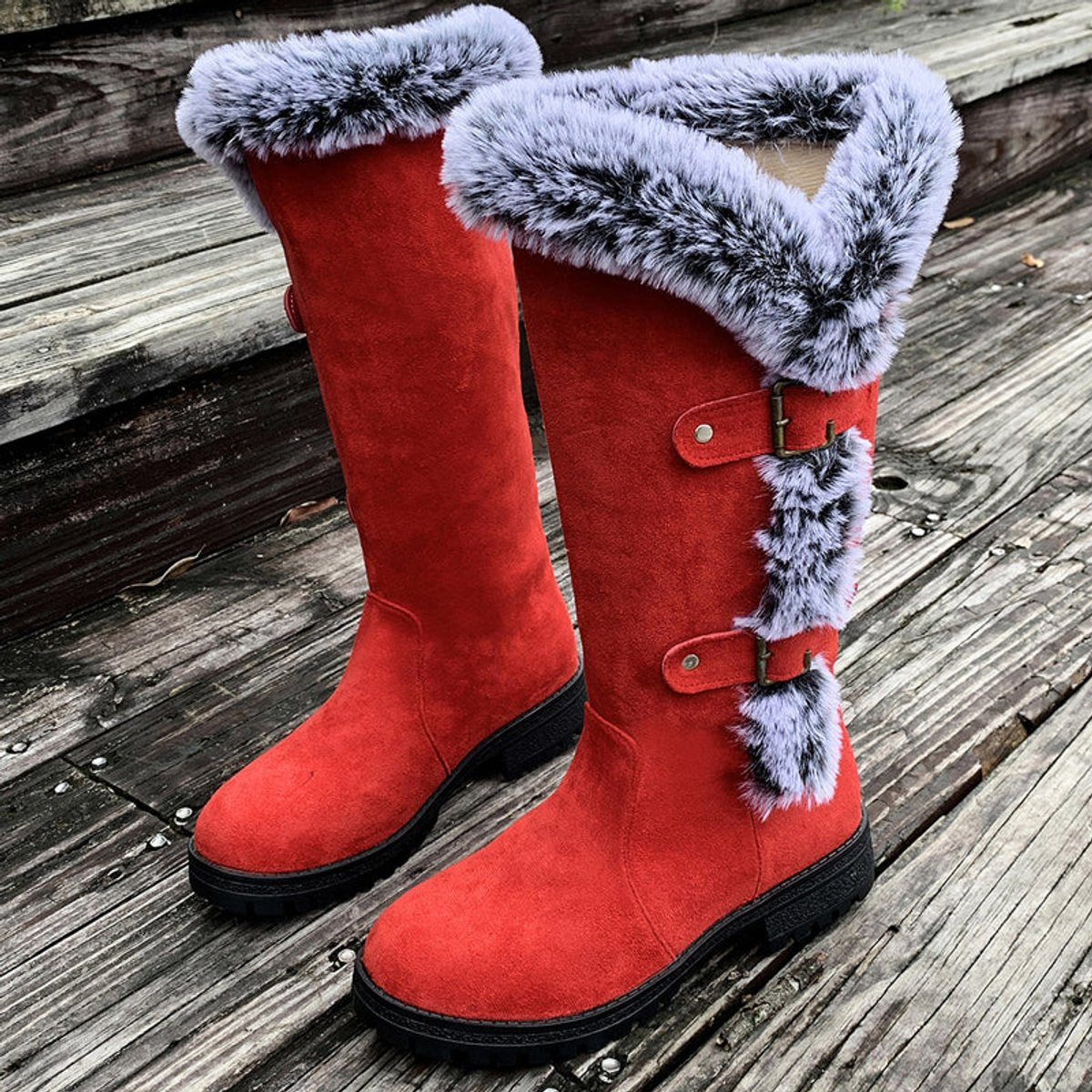 Kacob | Women's Faux Fur Lined Buckle Knee High Boots – Pull On Winter Boots