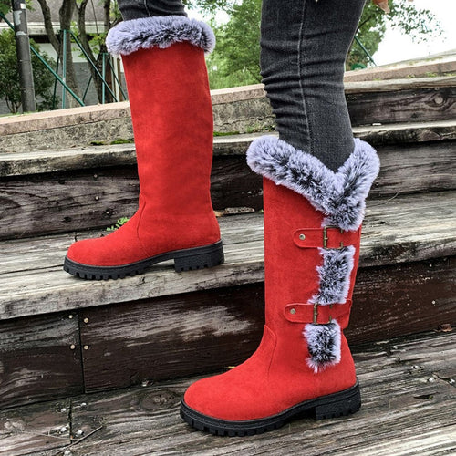 Kacob | Women's Faux Fur Lined Buckle Knee High Boots – Pull On Winter Boots