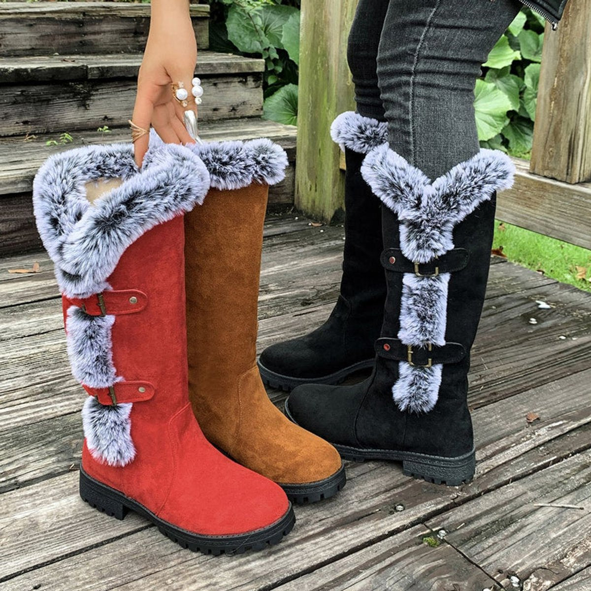 Kacob | Women's Faux Fur Lined Buckle Knee High Boots – Pull On Winter Boots