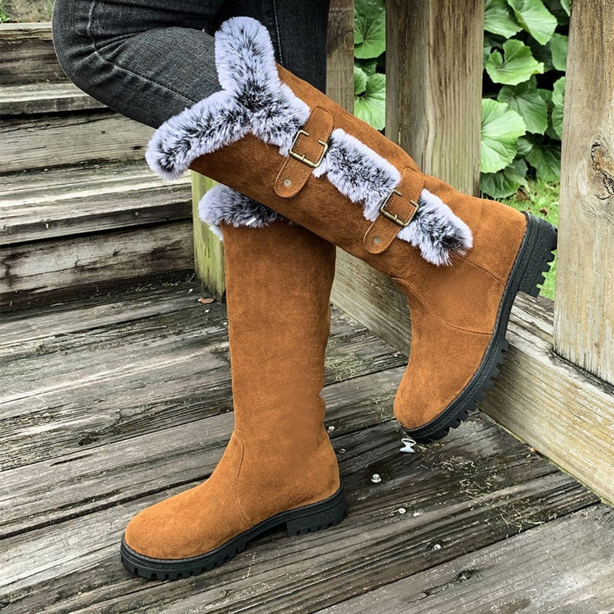 Kacob | Women's Faux Fur Lined Buckle Knee High Boots – Pull On Winter Boots