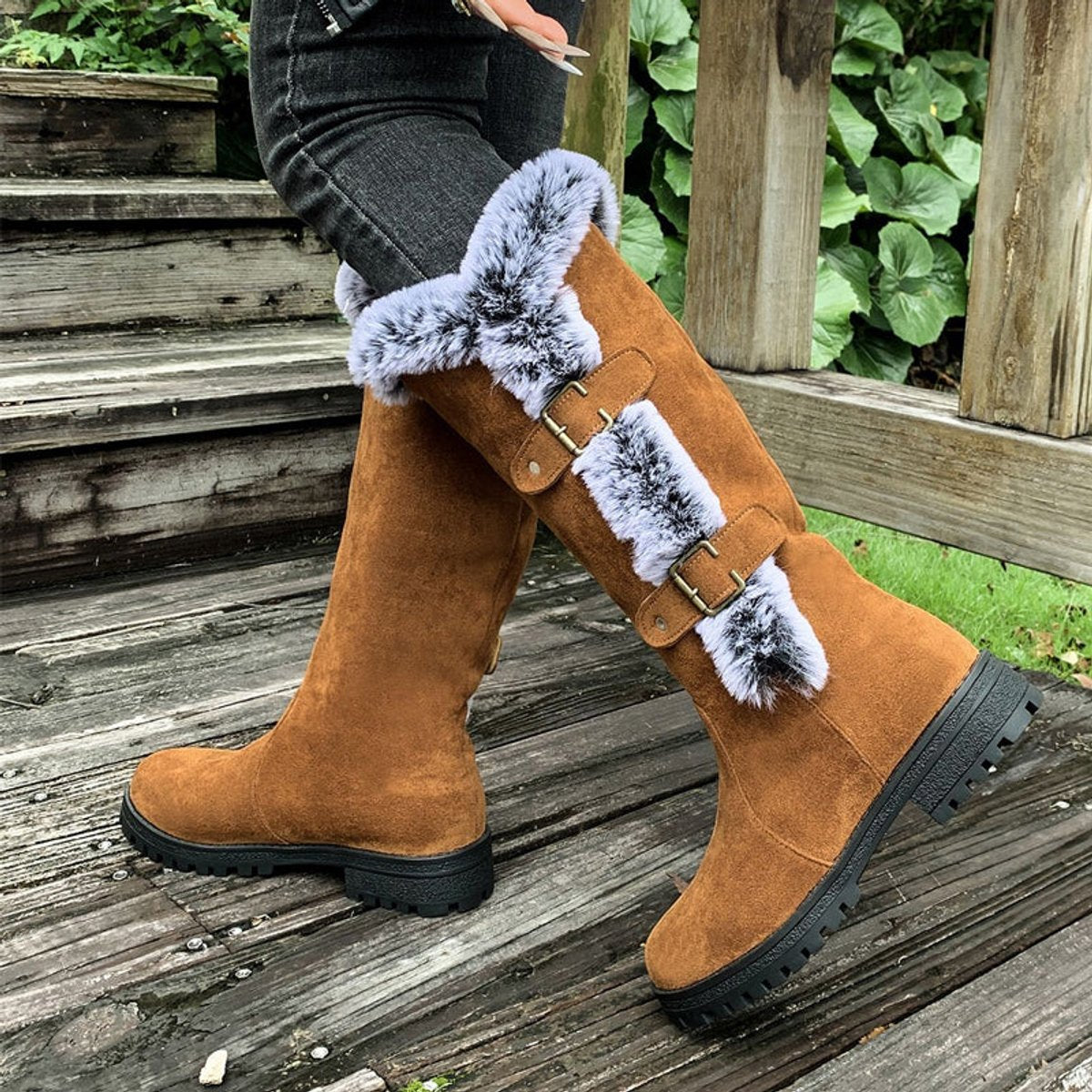 Kacob | Women's Faux Fur Lined Buckle Knee High Boots – Pull On Winter Boots