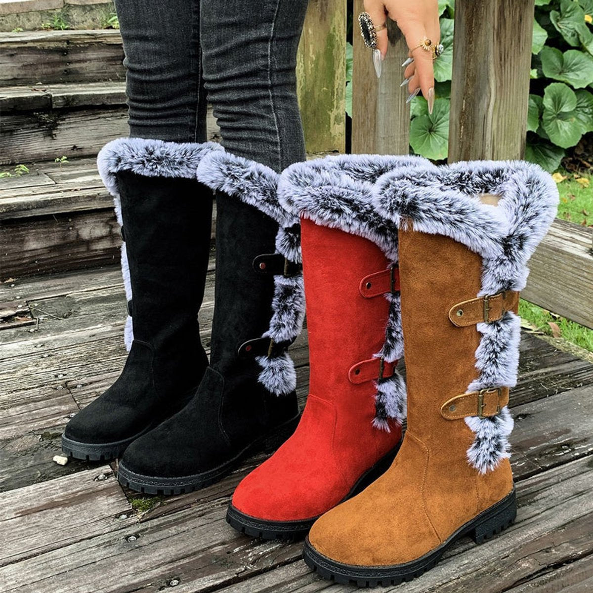 Kacob | Women's Faux Fur Lined Buckle Knee High Boots – Pull On Winter Boots