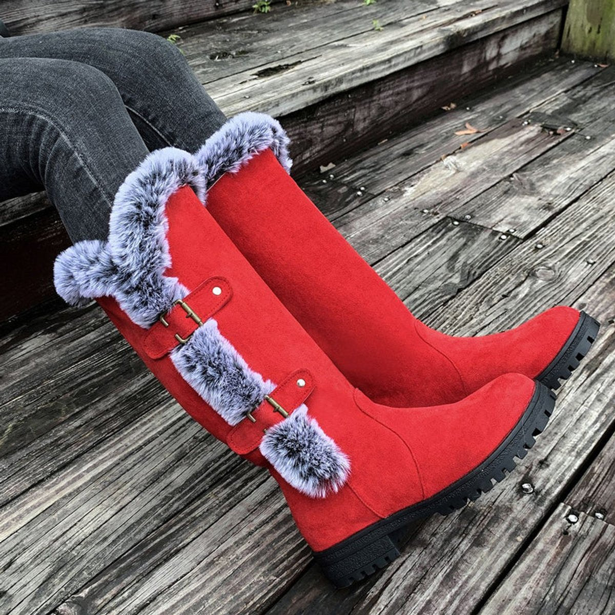 Kacob | Women's Faux Fur Lined Buckle Knee High Boots – Pull On Winter Boots