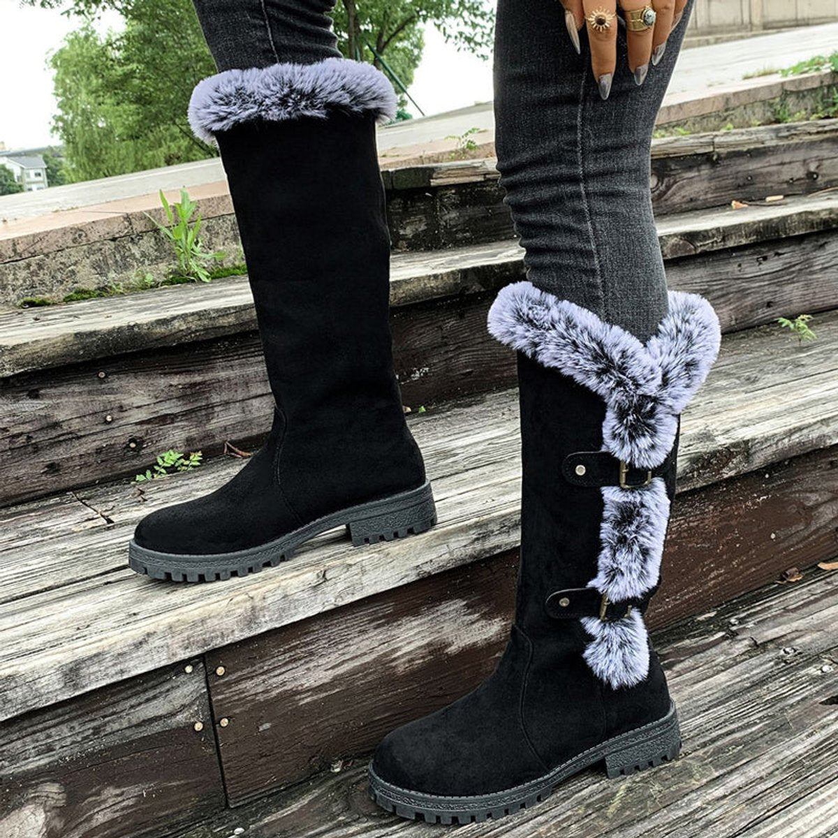 Kacob | Women's Faux Fur Lined Buckle Knee High Boots – Pull On Winter Boots