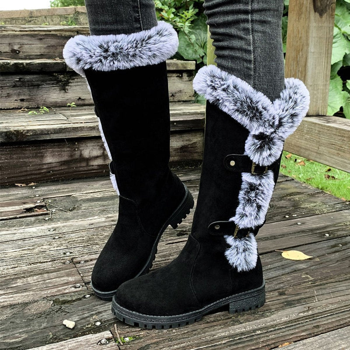 Kacob | Women's Faux Fur Lined Buckle Knee High Boots – Pull On Winter Boots