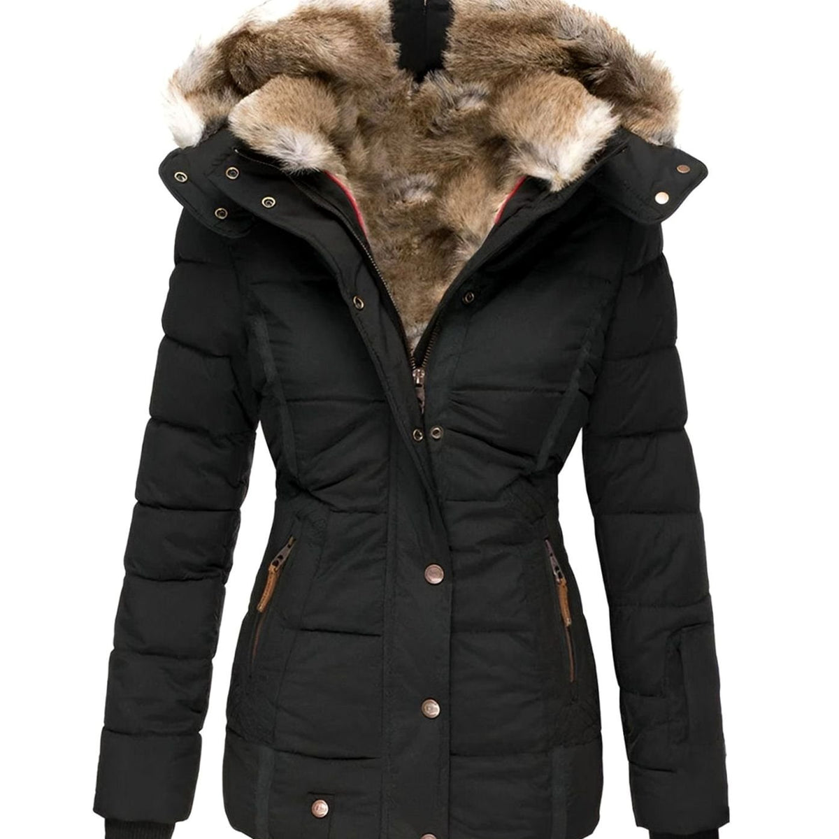 Kacob | Women's Faux Fur Trim Hooded Quilted Puffer Jacket – Fitted Winter Puffer Coat
