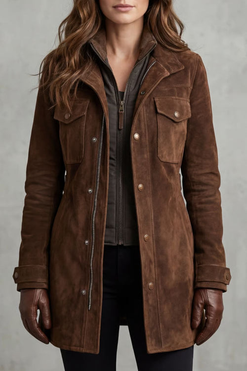 Kacob | Women's Faux Suede Longline Coat – Tailored Long Coat With Flap Pockets