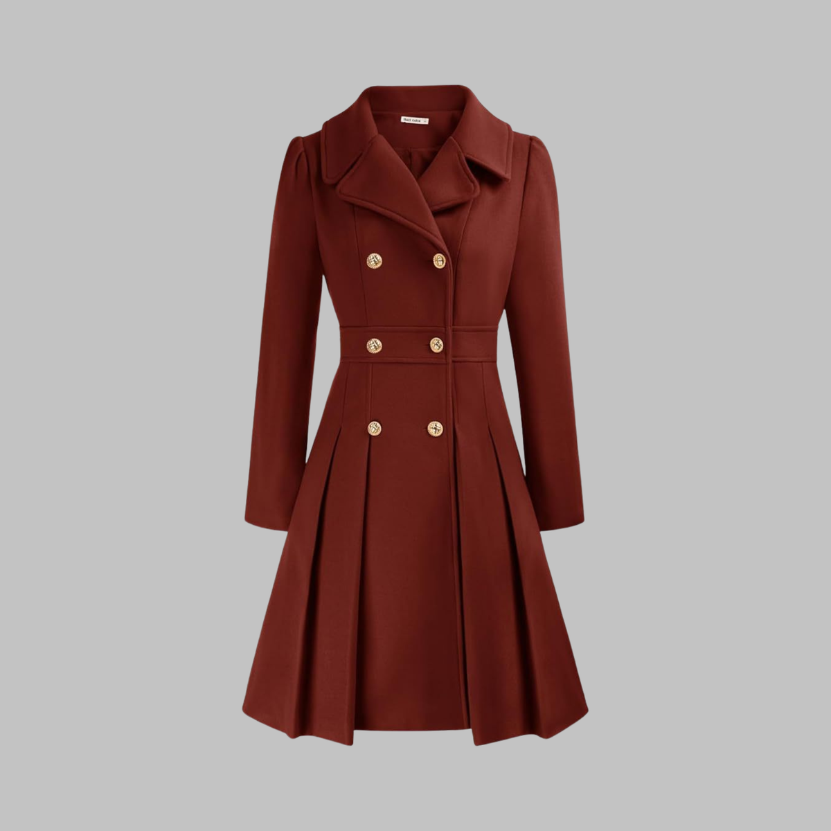 Women's Fit and Flare Double Breasted Coat – Pleated Skirt Notch Lapel Dress Coat