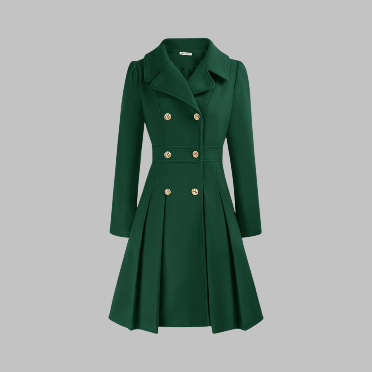 Women's Fit and Flare Double Breasted Coat – Pleated Skirt Notch Lapel Dress Coat