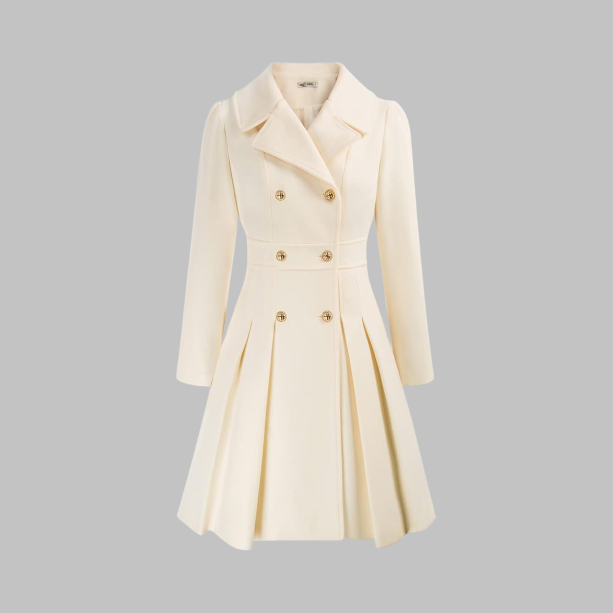 Women's Fit and Flare Double Breasted Coat – Pleated Skirt Notch Lapel Dress Coat
