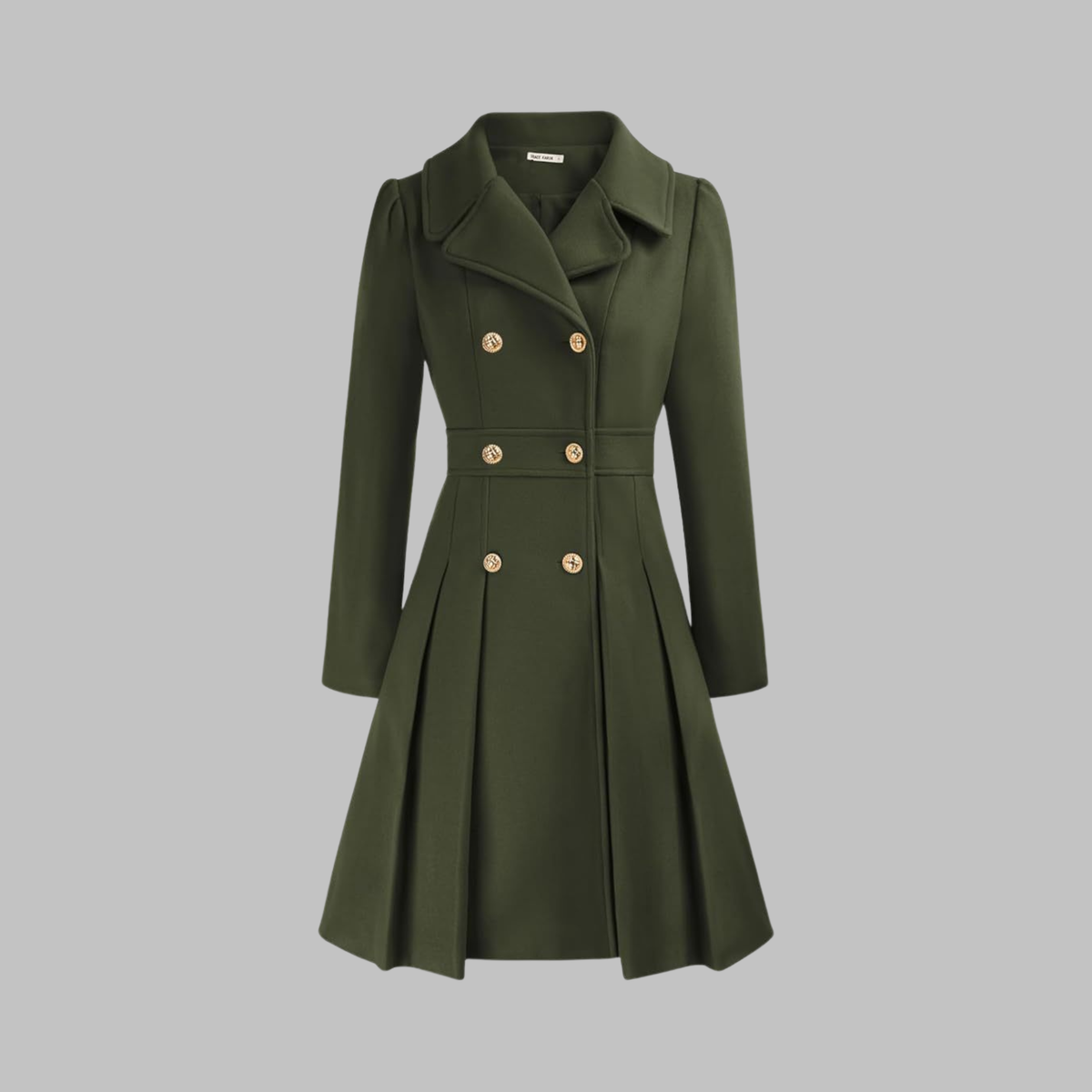 Women's Fit and Flare Double Breasted Coat – Pleated Skirt Notch Lapel Dress Coat
