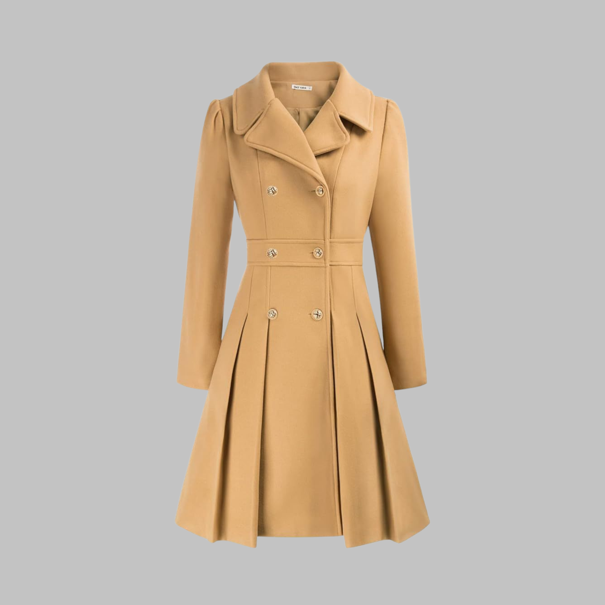 Women's Fit and Flare Double Breasted Coat – Pleated Skirt Notch Lapel Dress Coat