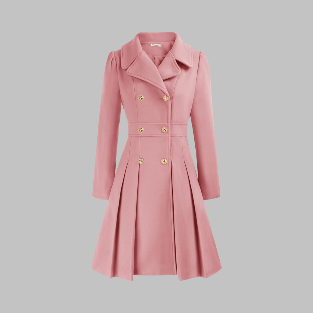 Women's Fit and Flare Double Breasted Coat – Pleated Skirt Notch Lapel Dress Coat