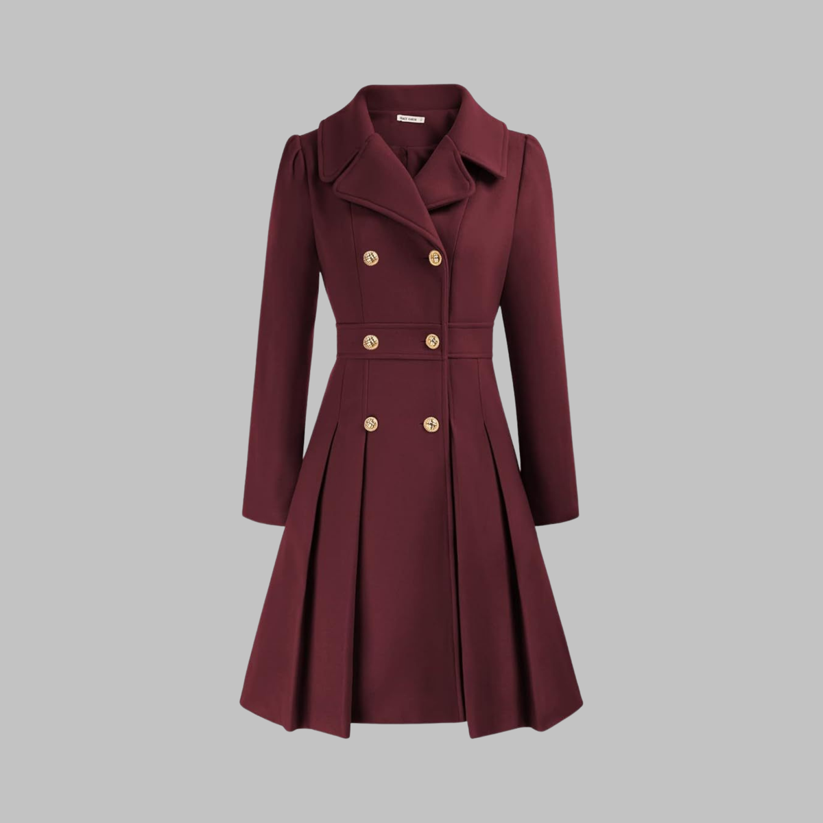 Women's Fit and Flare Double Breasted Coat – Pleated Skirt Notch Lapel Dress Coat