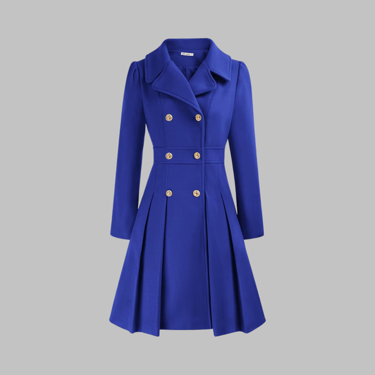 Women's Fit and Flare Double Breasted Coat – Pleated Skirt Notch Lapel Dress Coat