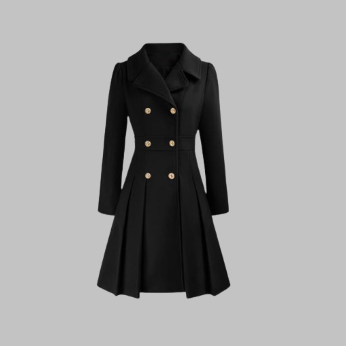 Women's Fit and Flare Double Breasted Coat – Pleated Skirt Notch Lapel Dress Coat