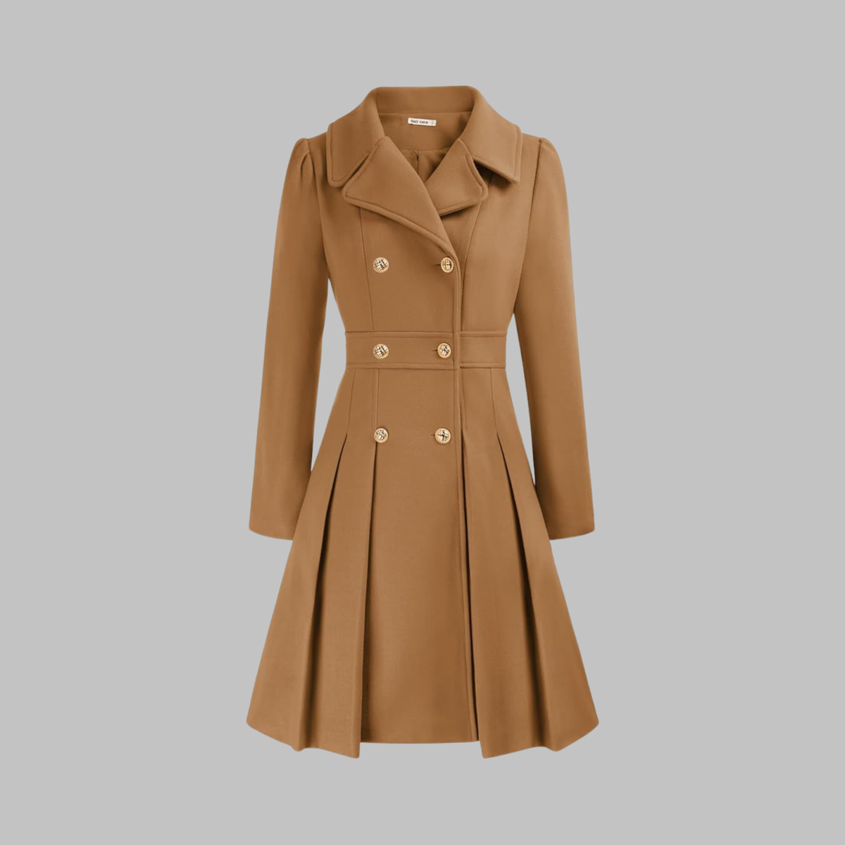 Women's Fit and Flare Double Breasted Coat – Pleated Skirt Notch Lapel Dress Coat