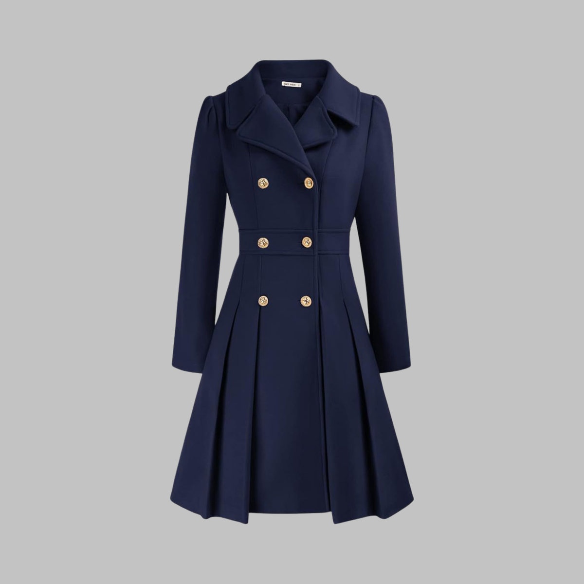 Women's Fit and Flare Double Breasted Coat – Pleated Skirt Notch Lapel Dress Coat
