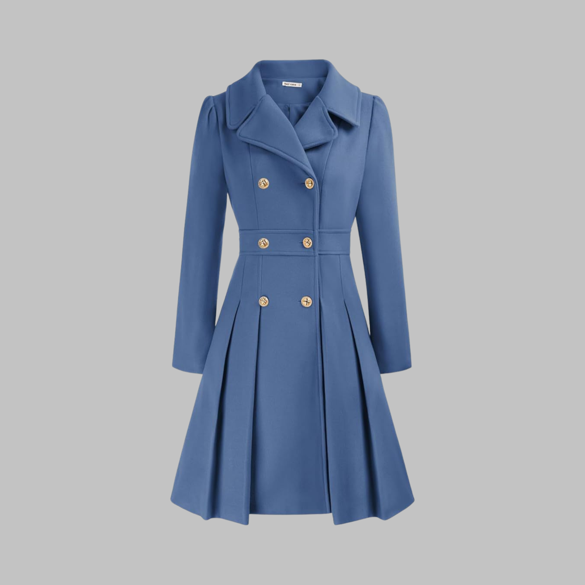 Women's Fit and Flare Double Breasted Coat – Pleated Skirt Notch Lapel Dress Coat