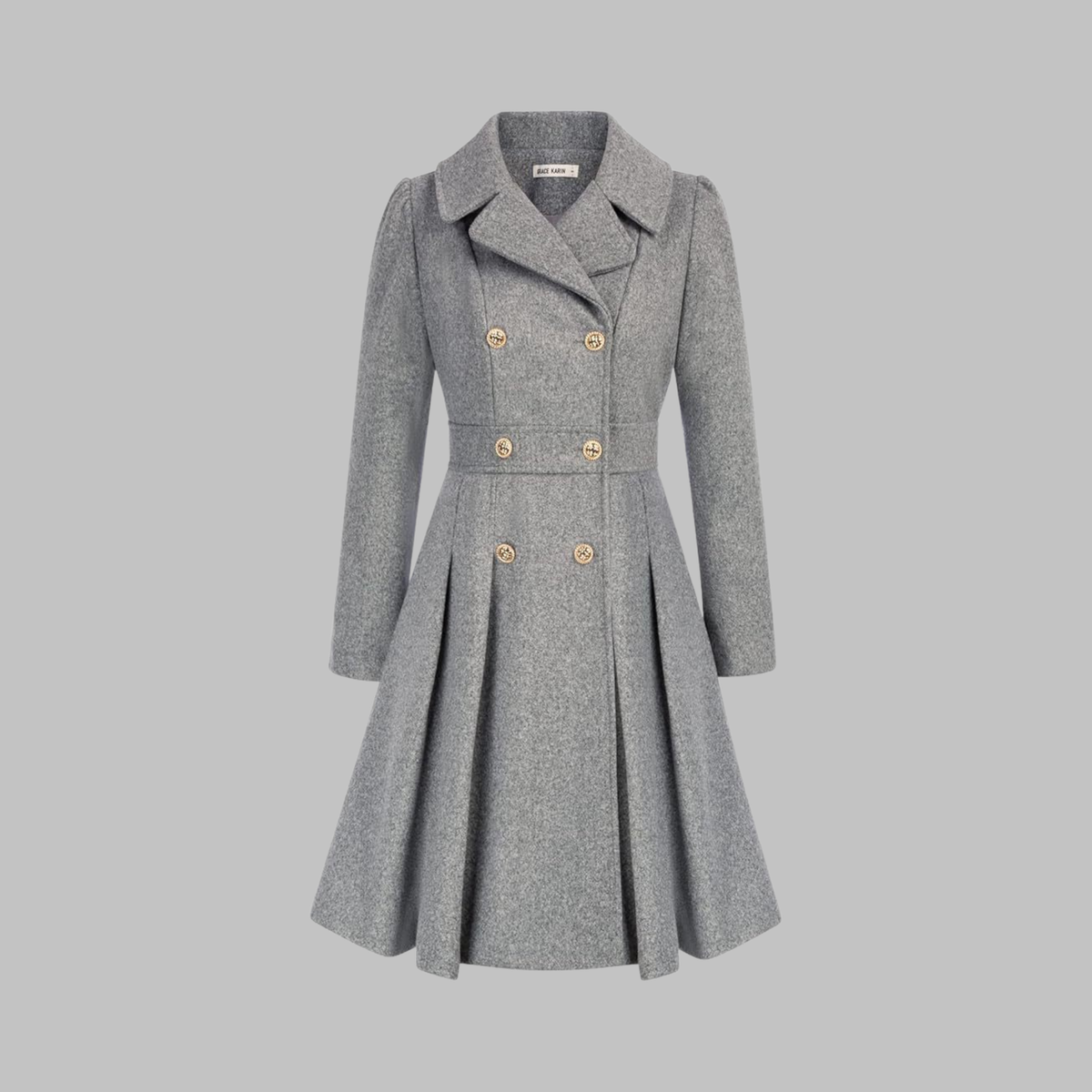 Women's Fit and Flare Double Breasted Coat – Pleated Skirt Notch Lapel Dress Coat