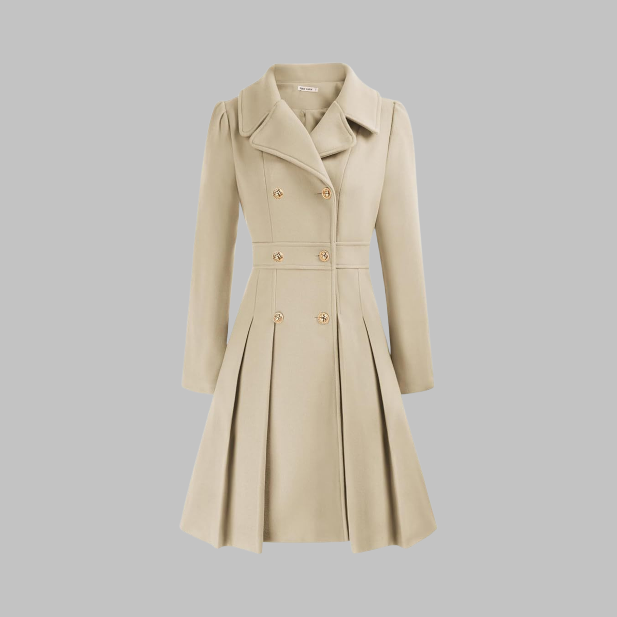 Women's Fit and Flare Double Breasted Coat – Pleated Skirt Notch Lapel Dress Coat