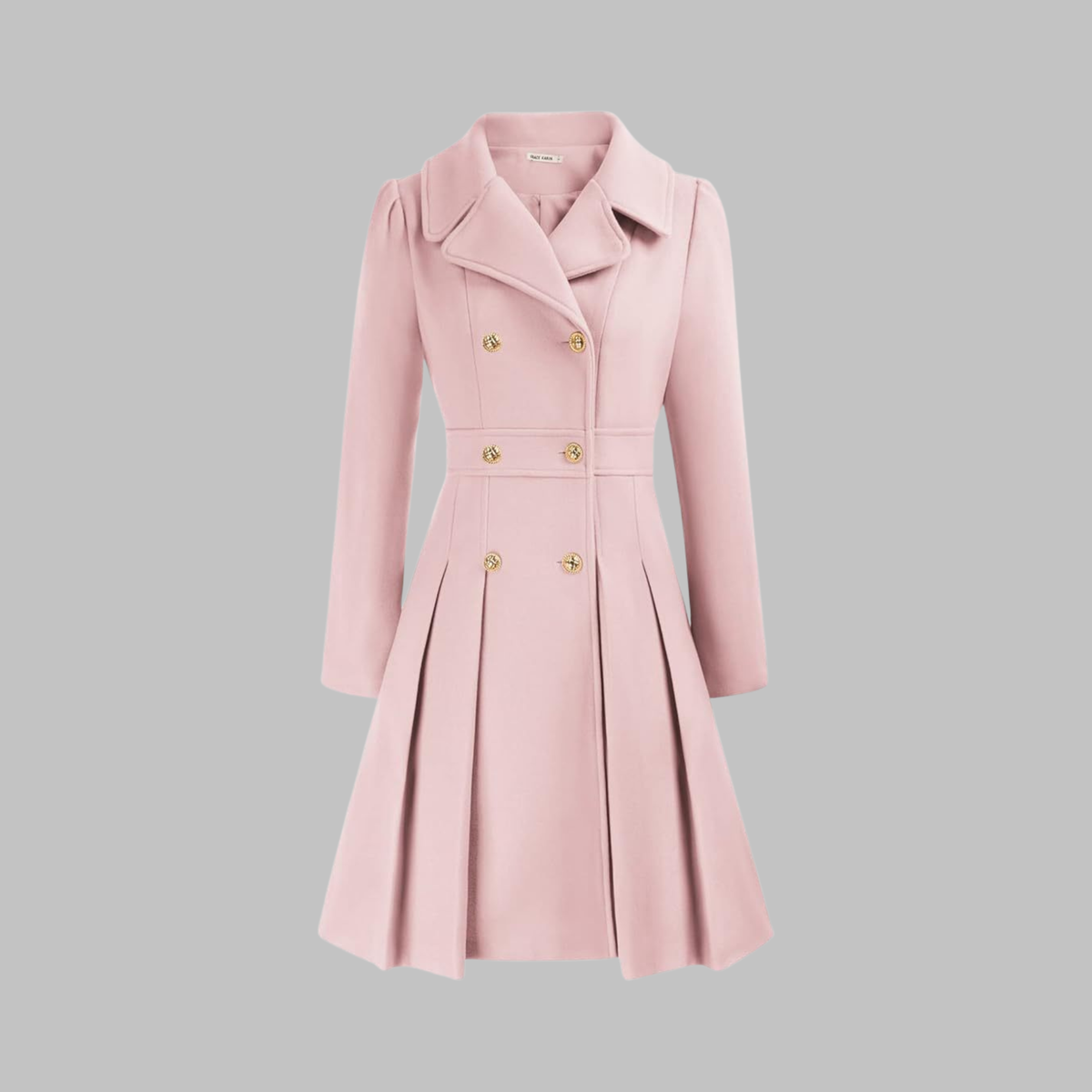 Women's Fit and Flare Double Breasted Coat – Pleated Skirt Notch Lapel Dress Coat