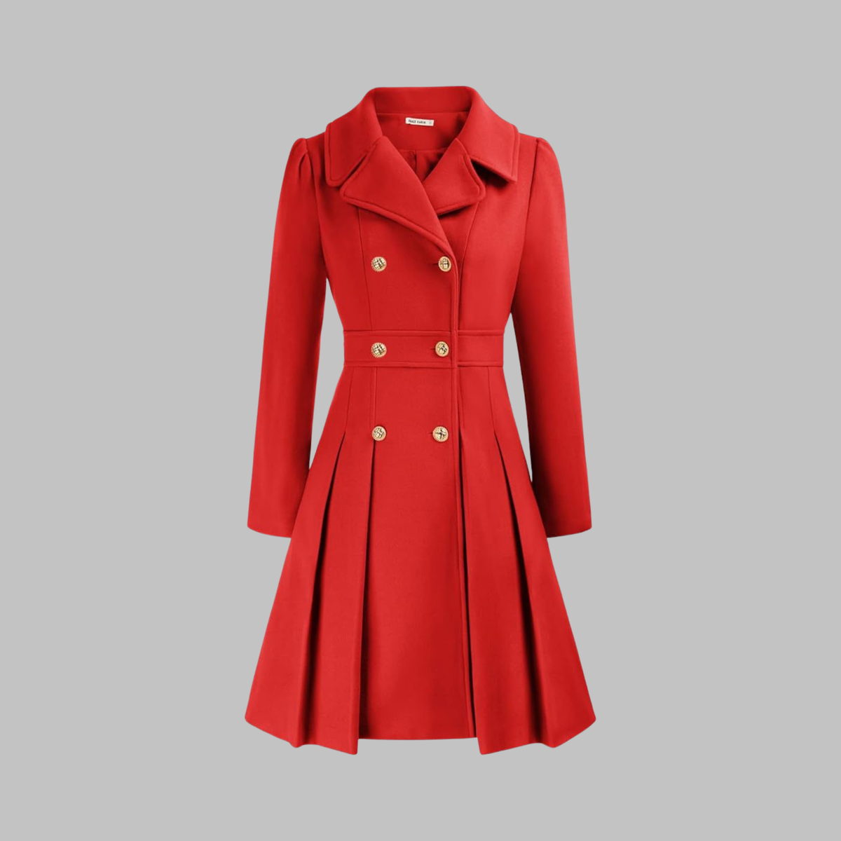 Women's Fit and Flare Double Breasted Coat – Pleated Skirt Notch Lapel Dress Coat