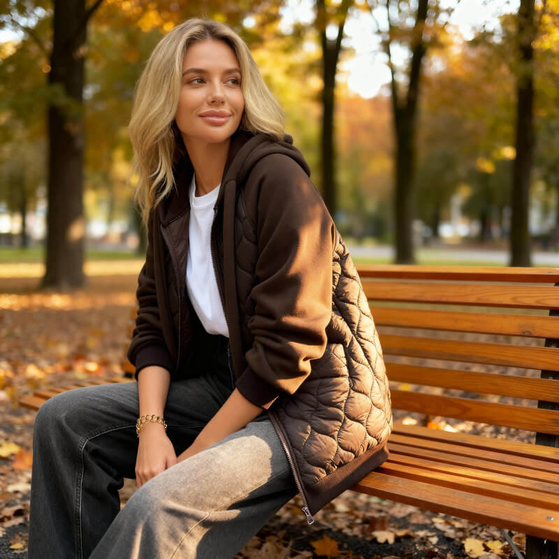 Women's Fleece Hoodie Jacket with Quilted Front – Zip Up Hybrid Hooded Jacket