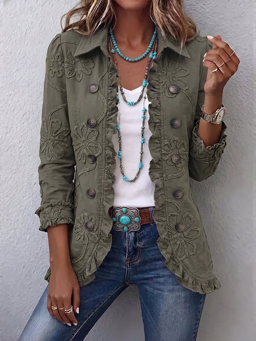 Kacob | Women's Floral Embroidered Ruffle Jacket – V Neck Hip Length Jacket