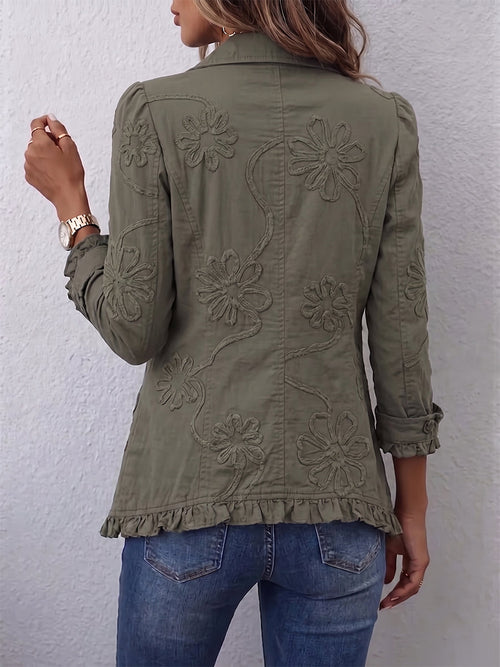 Kacob | Women's Floral Embroidered Ruffle Jacket – V Neck Hip Length Jacket