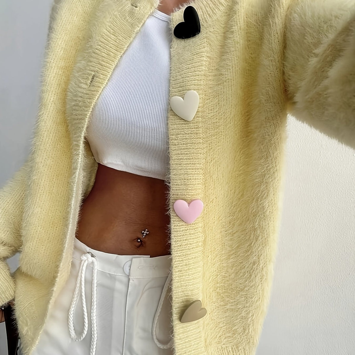 Women's Fluffy Cropped Cardigan with Heart Buttons – Round Neck Brushed Knit