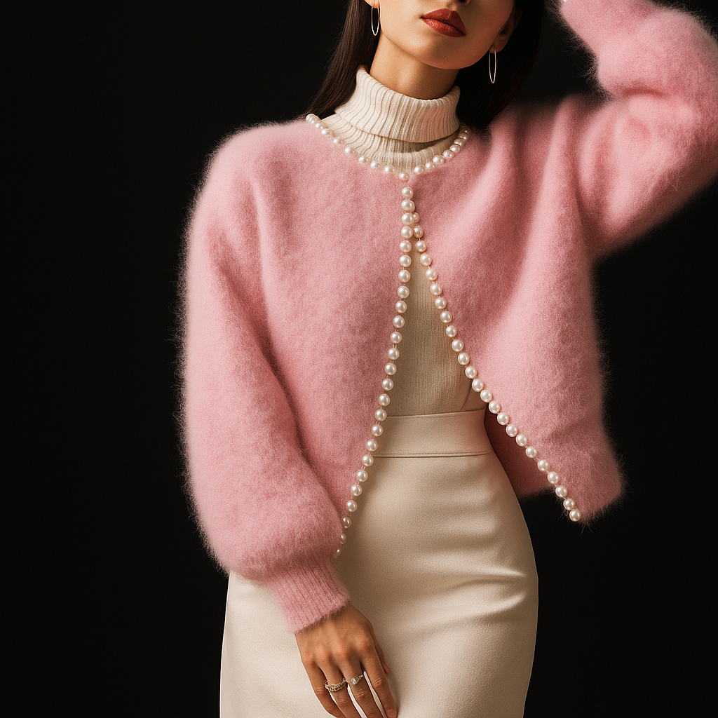 Women's Fluffy Open Front Cardigan with Faux Pearl Trim – Cropped Brushed Knit