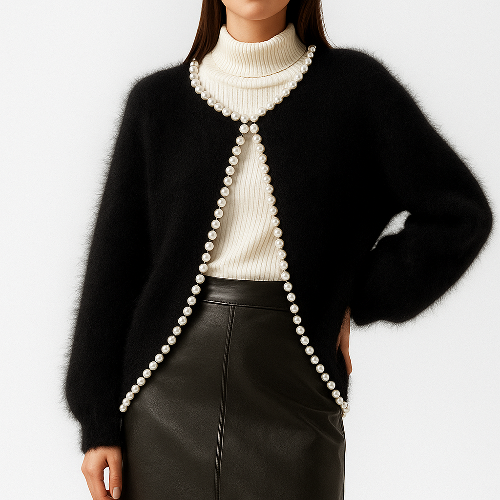 Women's Fluffy Open Front Cardigan with Faux Pearl Trim – Cropped Brushed Knit