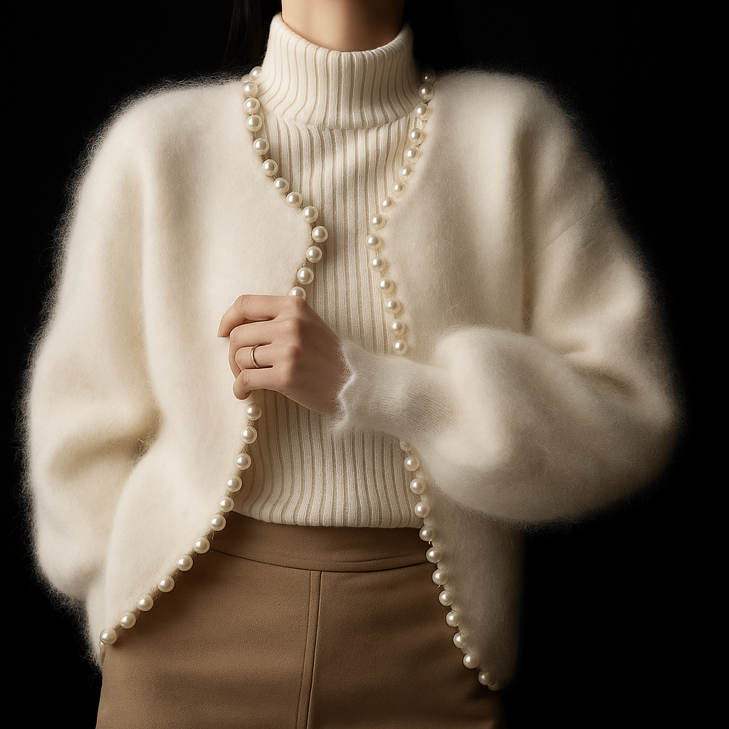 Women's Fluffy Open Front Cardigan with Faux Pearl Trim – Cropped Brushed Knit