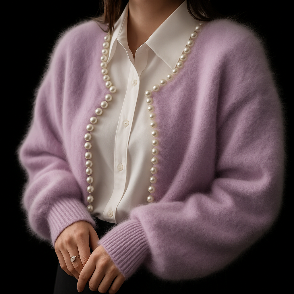 Women's Fluffy Open Front Cardigan with Faux Pearl Trim – Cropped Brushed Knit