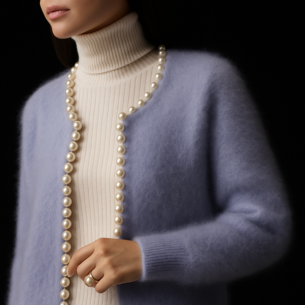 Women's Fluffy Open Front Cardigan with Faux Pearl Trim – Cropped Brushed Knit