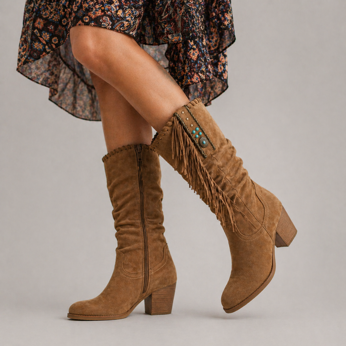 Women's Fringe Cowboy Boots – Suede-Look Mid-Calf Western Boots