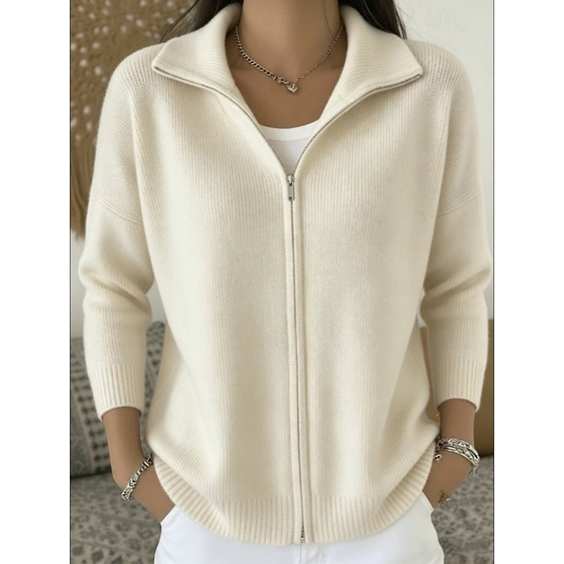 Women's Full Zip Up Cardigan – Wide Collar Smooth Knit with Ribbed Trims