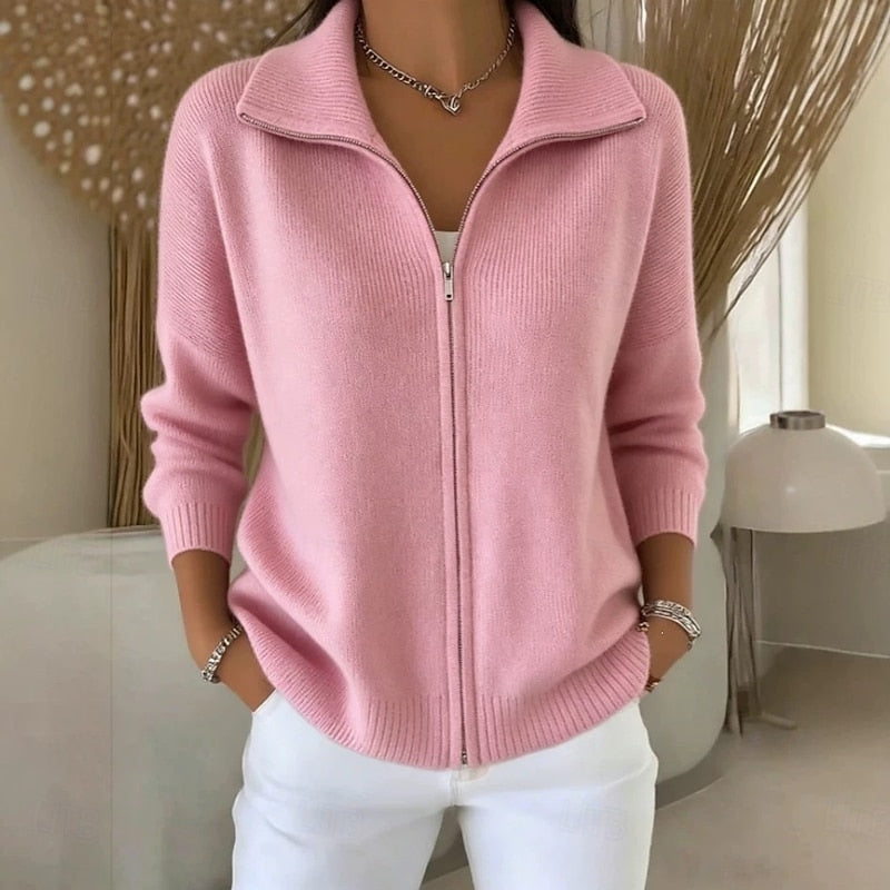 Women's Full Zip Up Cardigan – Wide Collar Smooth Knit with Ribbed Trims